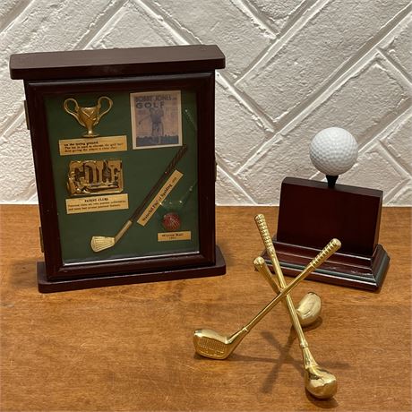 Golf History Shadow Box w/ Storage, Brass Golf Club Ball Stand, Golf Card Holder