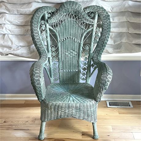 Vintage Mint Green Woven Rattan Throne Armchair