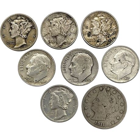 90% Silver Mercury & Roosevelt Dimes w/ 1911 Liberty Head Nickel