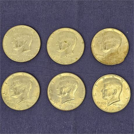 (6) 1967-1969 Silver Kennedy Half Dollars