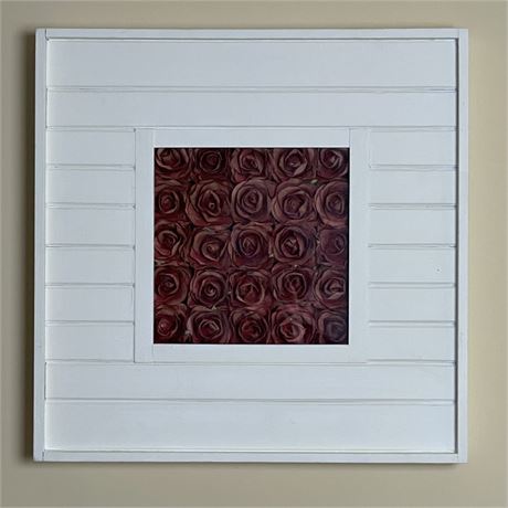 Mulberry Paper Red Roses Encased in White Shadow Box Wall Hanging
