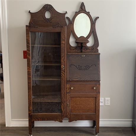 Antique Tiger Oak Drop Down Secretary w/ Attached Bookcase or Curio