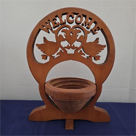 Vintage Wooden "Welcome" Hand Carved Stand