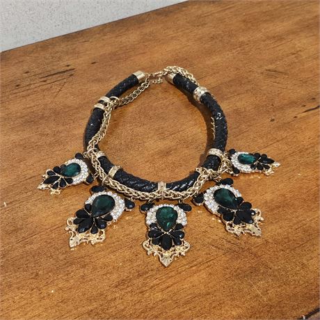 Leather  w/Emerald & Diamond Rhinestones Necklace