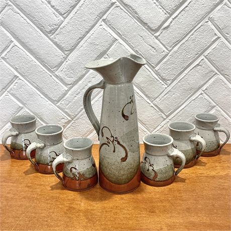 Tall Pottery Pitcher with 6 Matching Handled Mugs