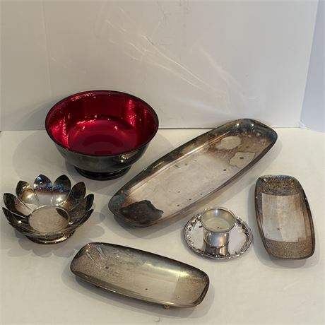 Silver-Plated Gorham Bowl w/ Red Glass Insert, Trays and More