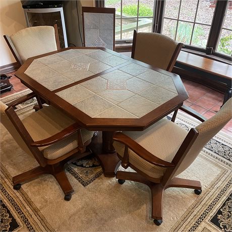 Vtg Tile Top Table with Four Padded Rolling Armchairs and Extra Leaf