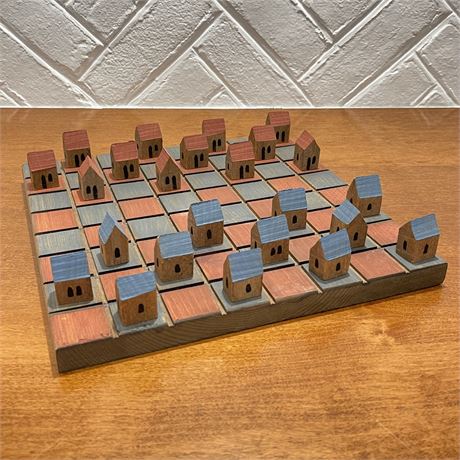 Hand Crafted Checkerboard with Wooden House Pieces