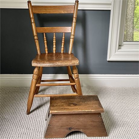 Vtg Wooden Childs Chair and Step Stool