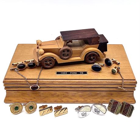 Vintage 1932 Ford V8 Wooden Jewelry Box w/ Cuff Links and Tie Clip