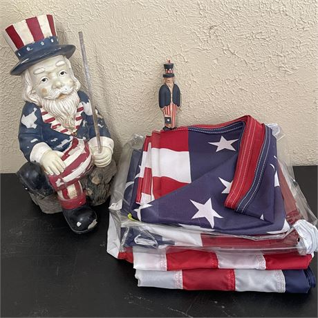 Patricotical Items with Flags, Uncle Sam Gardent Status and Ornament