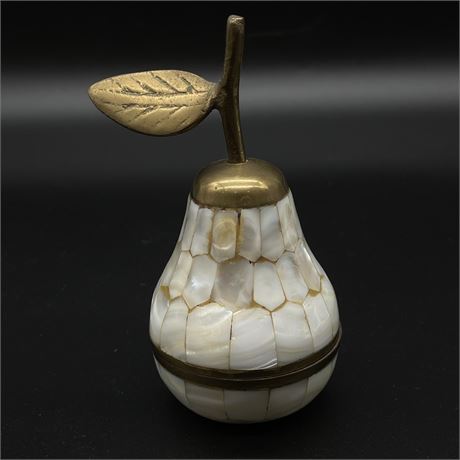 Vtg Brass Inlaid Mother of Pearl Pear Vanity Trinket Box - Made in India