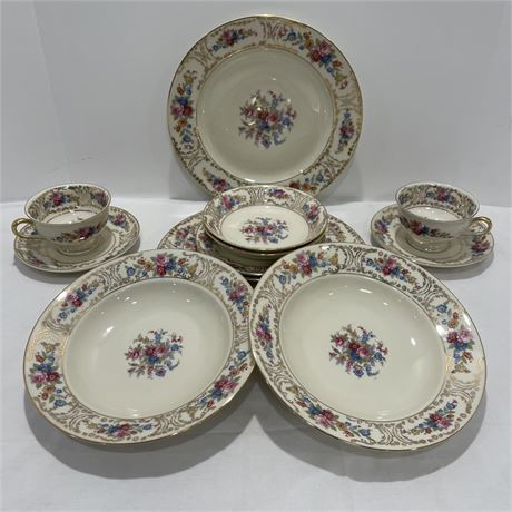 Setting for 2 Royal Ivory KPM Germany Floral and Gold Scrolls China Dinnerware
