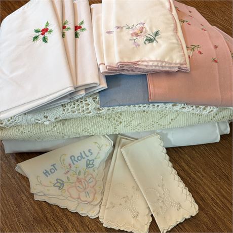 Bundle of Linens w/ Needlepoint, Doily and More