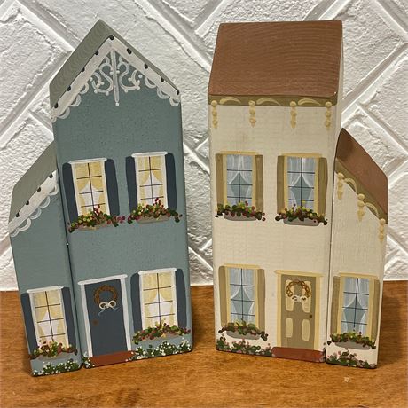 Hand Crafted Painted and Signed Wooden House Bookends