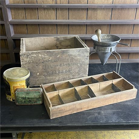 Vintage Lot with Wear-Ever Sifter, Wood Pestle, Wood Boxes, and Tins