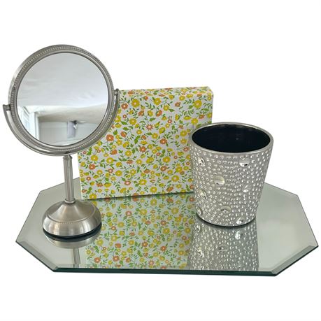 Beveled Mirror Top Vanity Tray w/ Dual Sided Desk-Top Mirror, Vase & Box