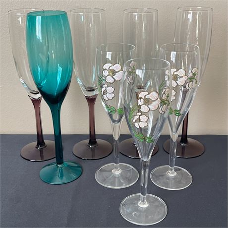 Purple Stem Crystal Champagne Flutes w/ Painted and Blue Flutes