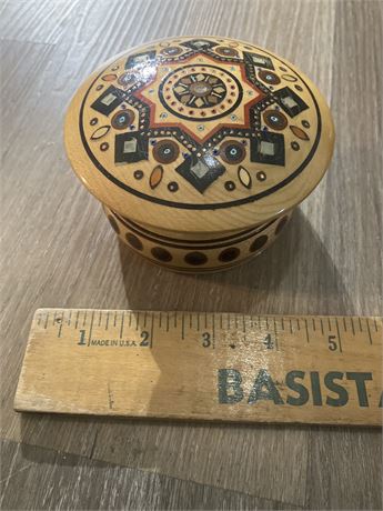 inlaid and hand-painted wooden lidded jar or keepsake box.