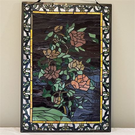 Vtg Leaded Stained Glass Hanging Rose Motif Suncatcher Panel