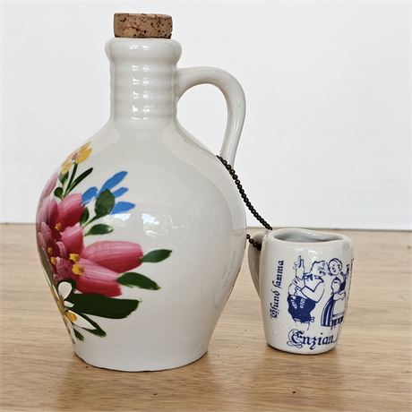 Hand Painted Porcelain German Liquor Bottle w/Shot Glass (Mug)