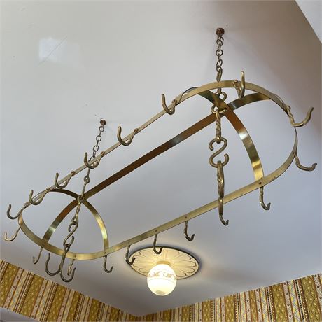 Vtg Wrought Copper & Brass Oval Ceiling Hanging Pot Rack w Hooks & Hanging Chain