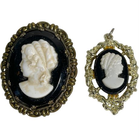 Victorian Black Onyx Cameo Portrait Brooch and Pendant
