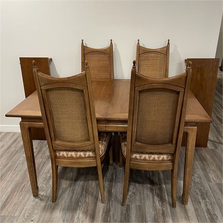 Mid Century Dining Table w/ Leaves and Set of 4 Cane Back Chairs