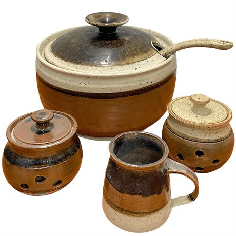 Coordinated Signed Glazed Pottery-Soup Tureen w/ Ladle, Lidded Garlic Jars & Mug