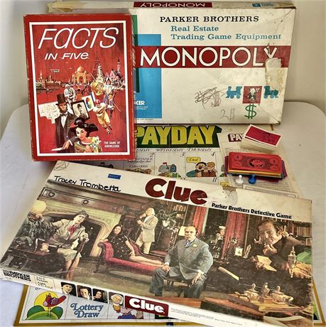 Vtg Board Games - PayDay, Monopoly, Clue, and Facts in Five