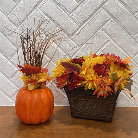 Artificial Autumn Leaves in Planter and Pumpkin