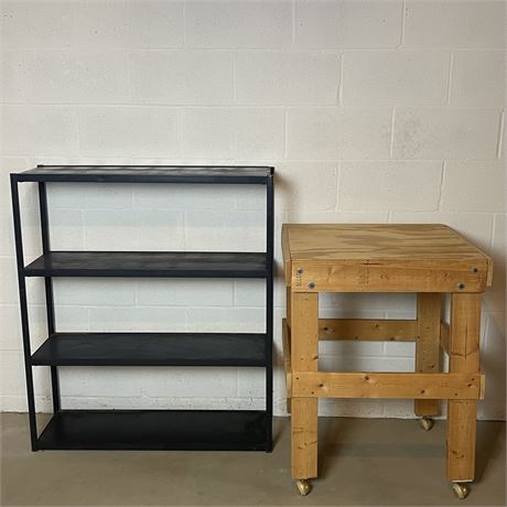 4-Tier Metal Storage Shelving Unit w/ Hand-Made Rolling Wood Work Bench