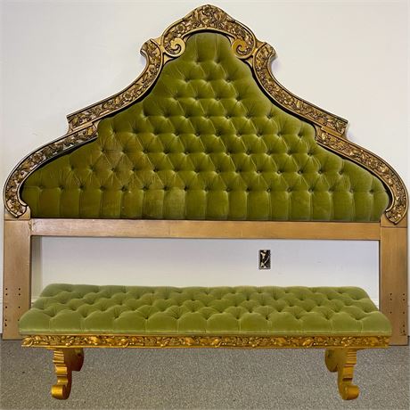Vtg King Tufted Velvet & Carved Ornate Frame Headboard & Bench