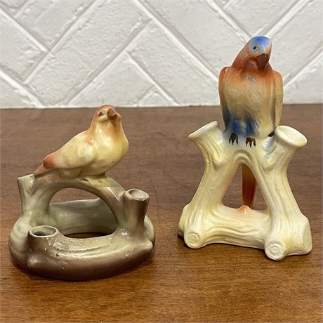 (2) Vtg Czechoslovakian Ceramic Perched Bird Bud Vases