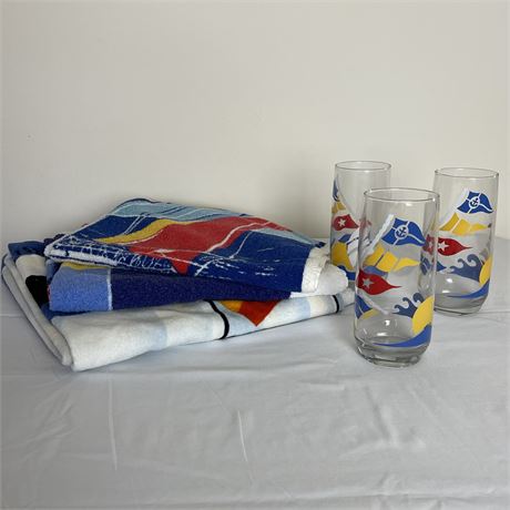 Colorful Sailboat Nautical Designed Beach Towels and Drinking Glasses