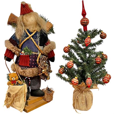 Folk Art-Style Santa Statue & Artificial Tree w/ Blown Glass Ornaments & Topper