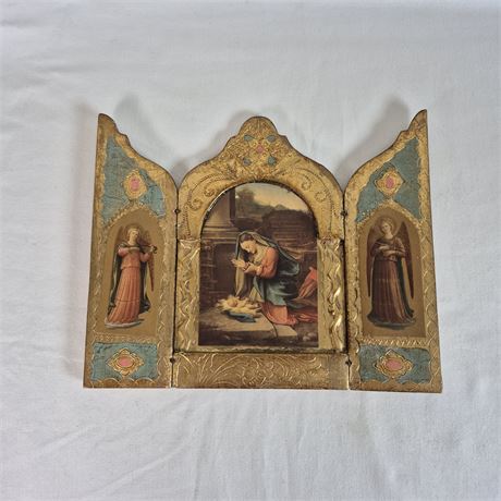 Vtg Italian Florentine Triptych Madonna & Child w/Archangels | Gilt Panel