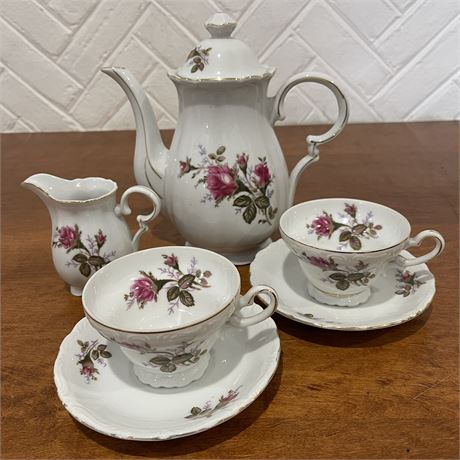 Vtg "Moss Rose" Patterned China Tea Setting for 2