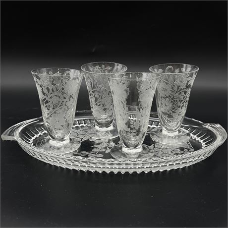 (4) Tiffin-Franciscan Etch 601 Juice Glasses with New Martinsville Etched Tray