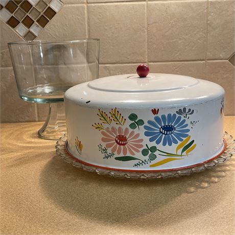 Mid Century Ransburg Metal Cake Cover with Trifle Bowl Pedestal