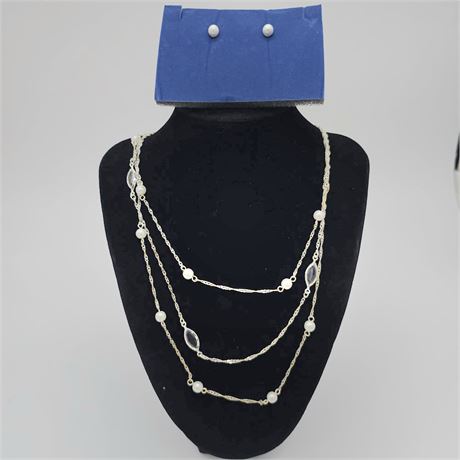Triple Strand Illusion Pearlesque Necklace *NIB* Gift Set~Silvertone
