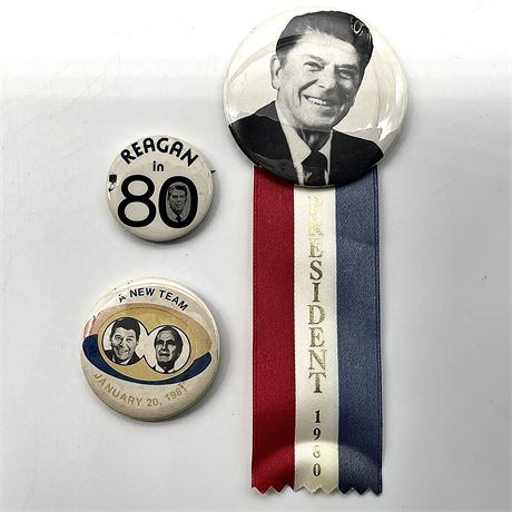 Vintage Political Campaign Pins and Ribbon - Reagan and Reagan / Bush