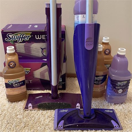 (2) Swiffer Wet Jets w/ NIB Mopping Pads & New Cleaners