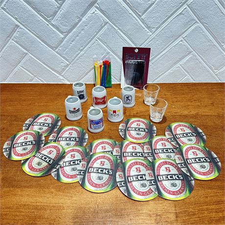 Collection of Advertising Shot Glasses, Coasters, and more