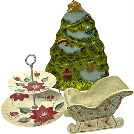 Christmas Serving Platter, 2-Tier Serving Tray & Sleigh Candy Dish