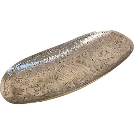 Vtg Indian Hammered Aluminum Etched Floral Tray