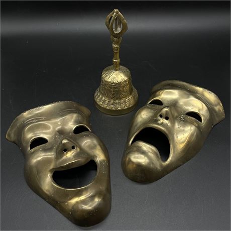 Brass Drama and Comedy Masks with Vintage Brass Bell
