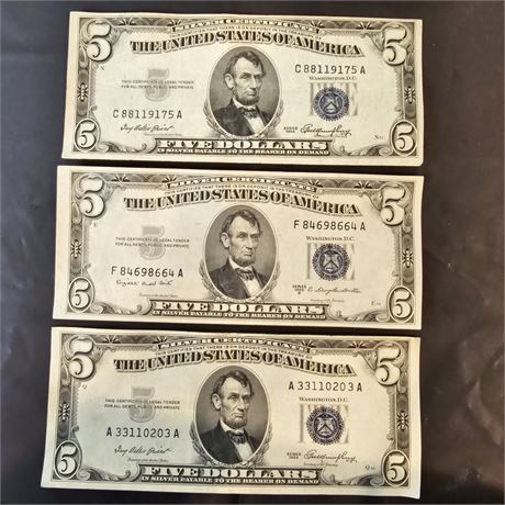 (3) 1953 Silver Certificate $5 Dollar Bills
