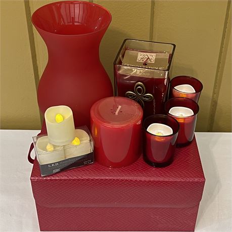 Candles w/ LED Flameless Candles, Holders, Teleflora Vase & Storage Bin