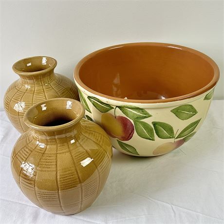 Ceramiche Alfa Italy Apple Motif Bowl w/ Pair of Golden Yellow Pottery Vases